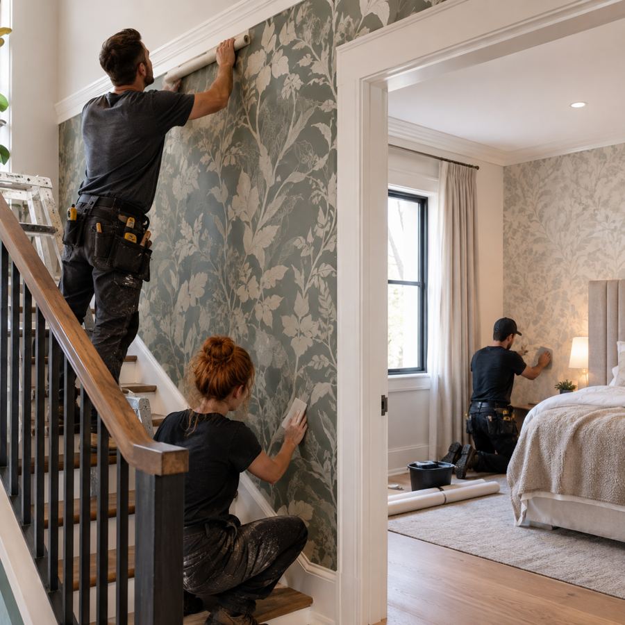 Installers hanging botanical wallpaper along a staircase and in a bedroom