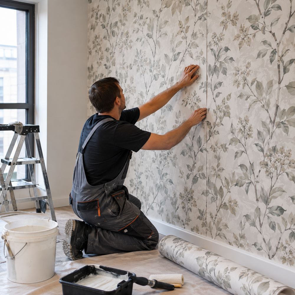 Installer smoothing a seam on botanical wallpaper, with roller, tray and spare roll on a protected floor