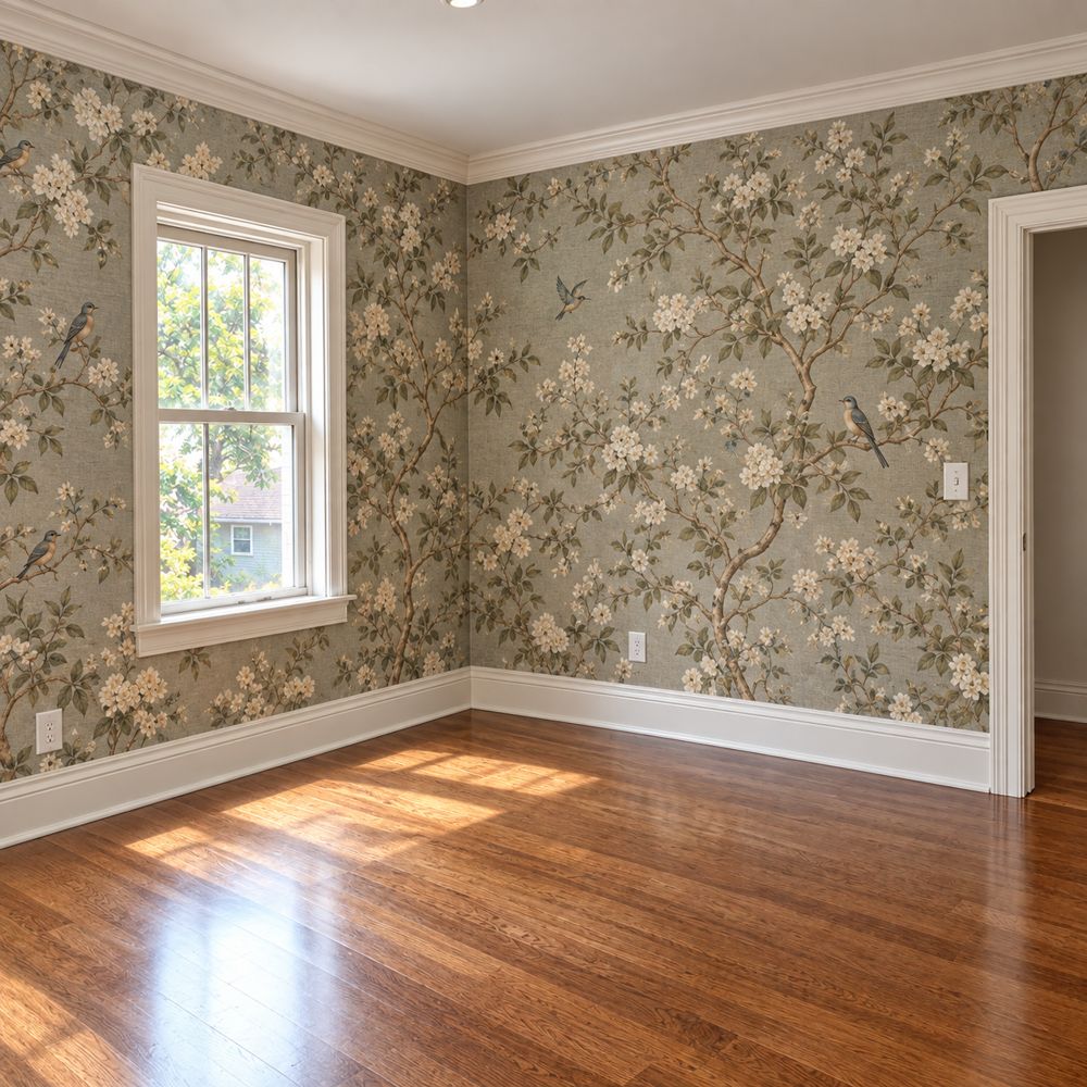 Same room after installation of a botanical bird-and-blossom wallcovering
