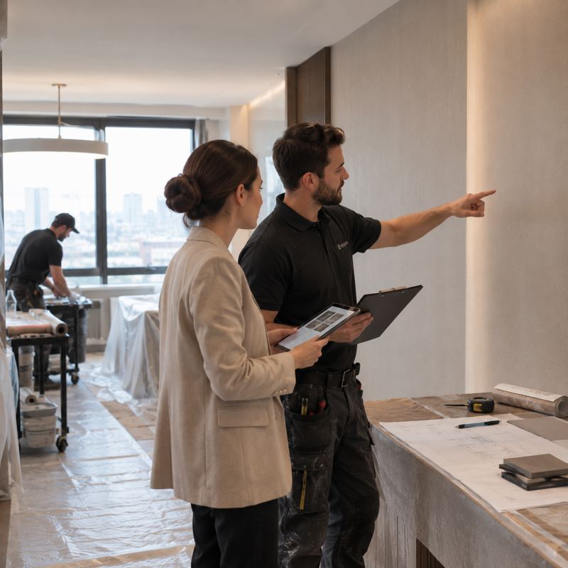 Project lead walking a client through the finished wall with plans and samples on the counter